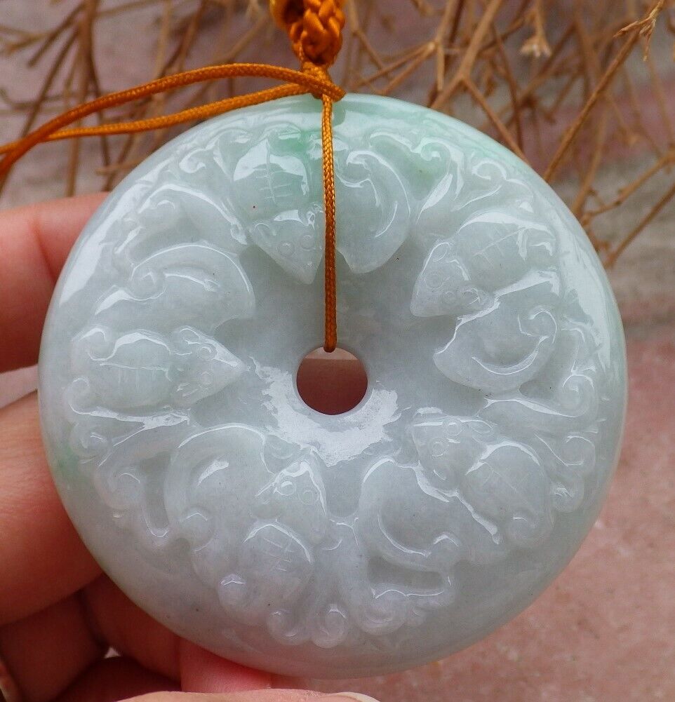 Certified Green 100% Natural A Jade jadeite pendant Mandarin Duck Dragon Phoenix 5 Bat Necklace 龙凤 519621  TN