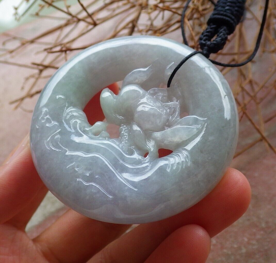 Certified Green Pale Lavender 100% Natural A Jade jadeite Pendant Lotus Flower Circle Necklace 花平安扣 525936  TN