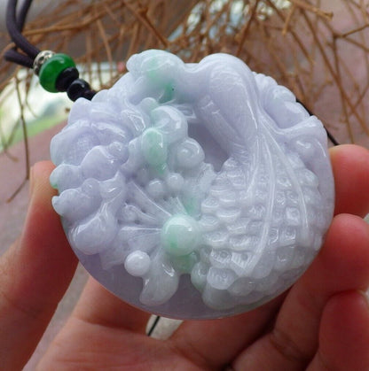 Certified Green Pale Lavender 100% Natural A Jade jadeite Pendant Phoenix Peacock Flower Circle Necklace 孔雀 520800 **TN