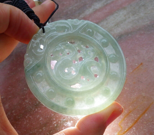 Certified Green 100% Natural A Jade jadeite pendant Dragon Circle Necklace 生意兴隆 528221  TN