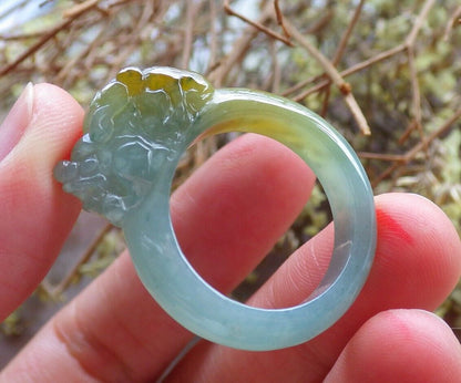 Certified Icy Yellow Green 100% Natural A JADE Jadeite Dragon Pi Xiu RING USA. 9 戒指 523815  TN