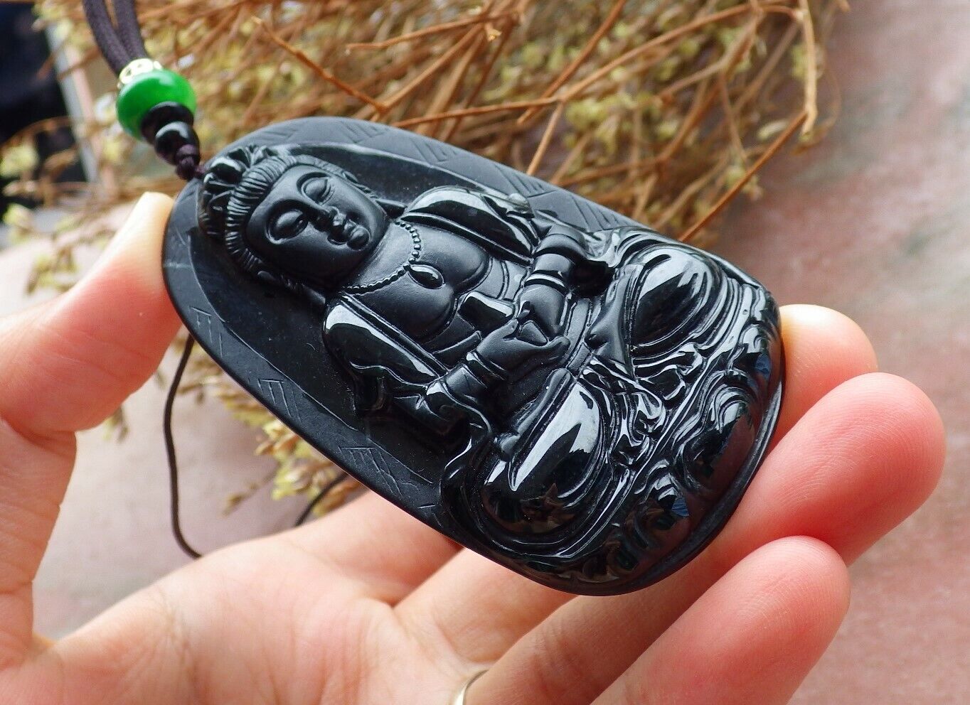 Certified Green Black 100% Natural A Jade jadeite pendant Guanyin Kwan Yin Lotus Flower Necklace 墨翠 观音 525065  TN