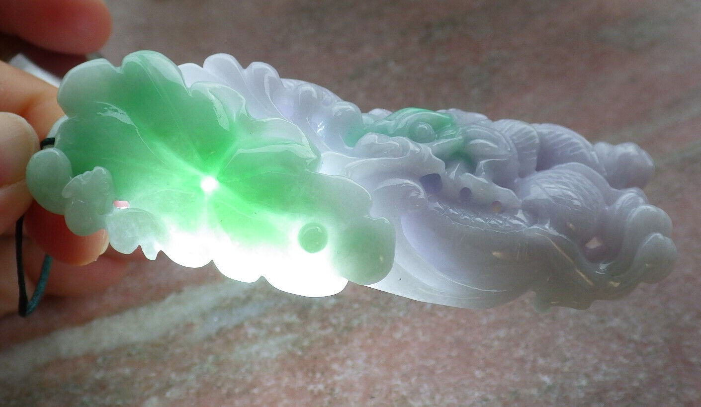 Certified Lavender Green Burma 100% Natural A Jade jadeite Pendant  Dragon Bat Lotus Leaf Necklacde 生意兴隆 636213  TN