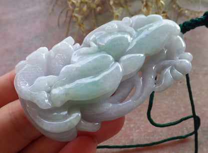 Certified Green Pale Lavender Burma 100% Natural A Jade jadeite Pendant Fish Lotus Flower Leaf Necklace 年年有余 646744 TN