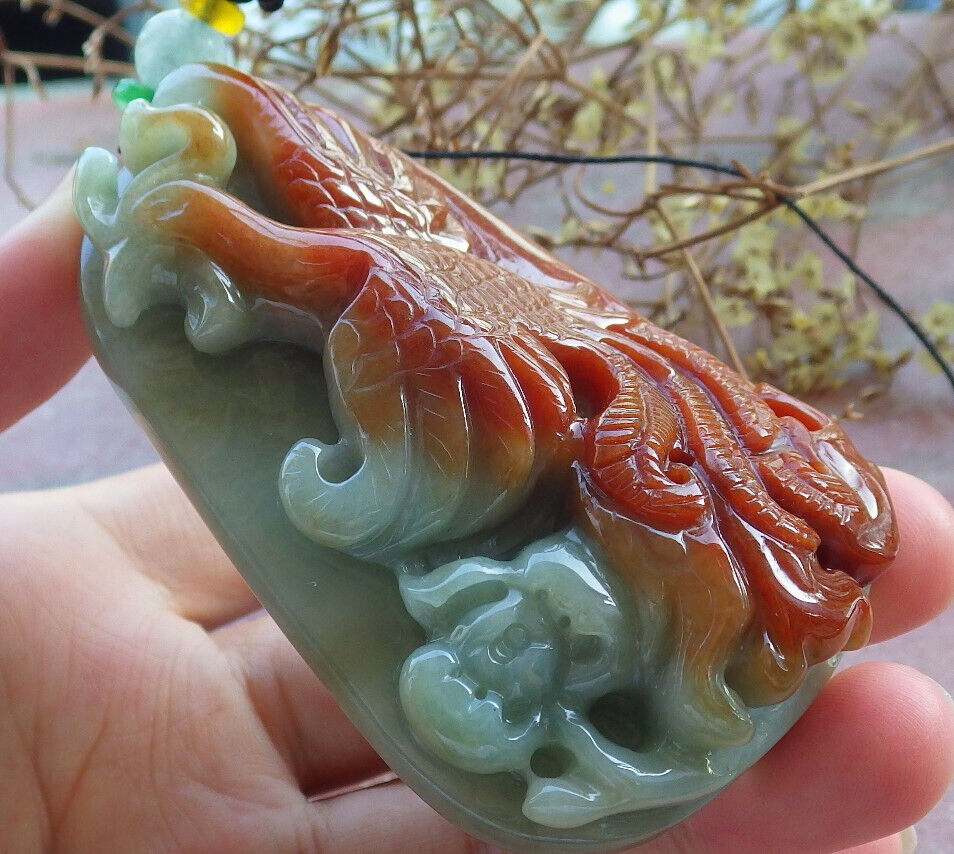 Certified Red Green Burma 100% Natural A Jade jadeite Pendant Phoenix Flower Necklace 凤凰 633050  TN