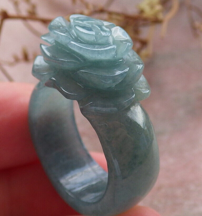 Certified Icy Green Burma 100% Natural A JADE Jadeite Rose Flower RING USA. 8.5 花戒指 633926  TN