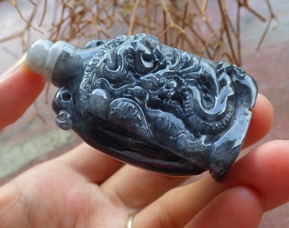 Certified Black 100% Natural A Jade jadeite pendant Display Dragon Bead Snuff Bottle 525869  TN