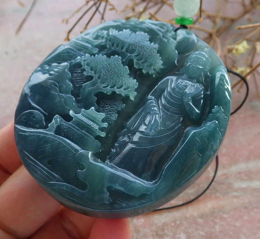 Atestita Glacia Verda Birmo 100% Natura A Jadejadeito pendanta Pejzaĝa pentraĵo Guanyin Kwan Yin Arba Koliero 山水画 634091 TN