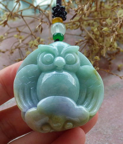 Certified Lavender Green Yellow Burma 100% Natural A Jade jadeite Pendant Owl Ruyi Necklace 猫头鹰 630314 TN