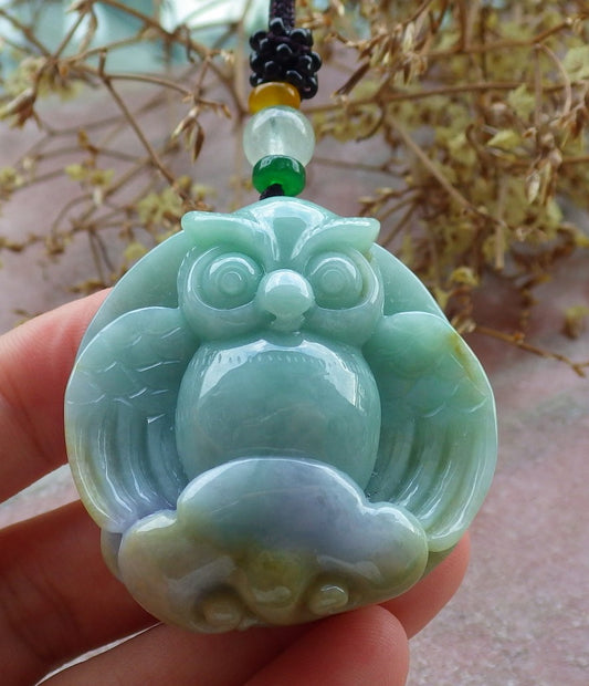 Certified Lavender Green Yellow Burma 100% Natural A Jade jadeite Pendant Owl Ruyi Necklace 猫头鹰 630314 TN