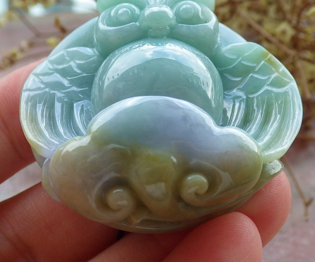 Certified Lavender Green Yellow Burma 100% Natural A Jade jadeite Pendant Owl Ruyi Necklace 猫头鹰 630314 TN