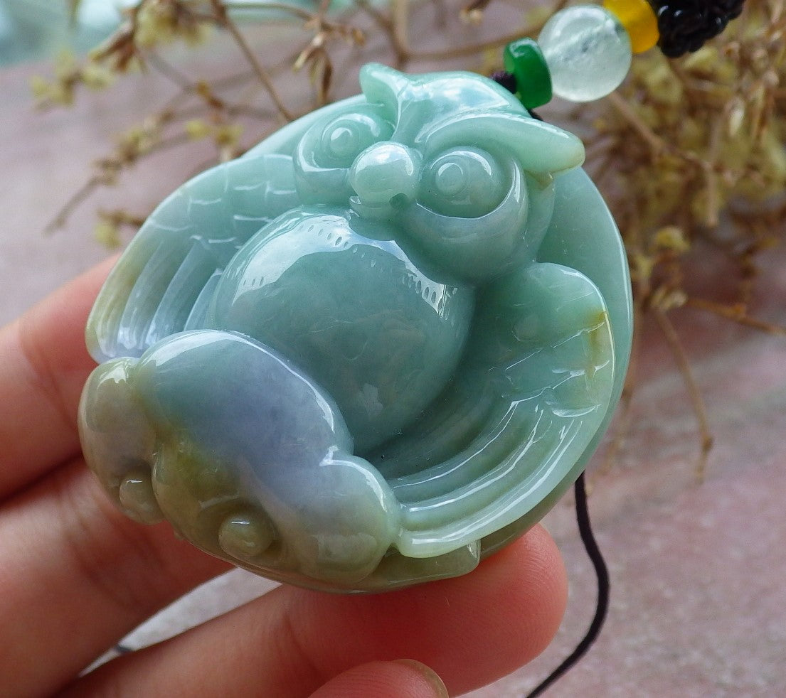 Certified Lavender Green Yellow Burma 100% Natural A Jade jadeite Pendant Owl Ruyi Necklace 猫头鹰 630314 TN