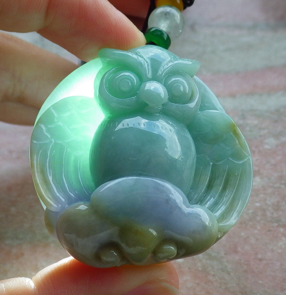 Certified Lavender Green Yellow Burma 100% Natural A Jade jadeite Pendant Owl Ruyi Necklace 猫头鹰 630314 TN