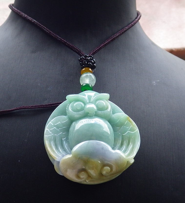 Certified Lavender Green Yellow Burma 100% Natural A Jade jadeite Pendant Owl Ruyi Necklace 猫头鹰 630314 TN