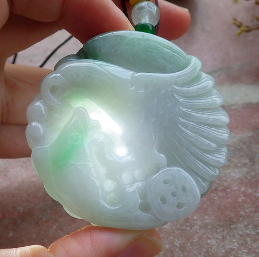 Certified Green Burma 100% Natural A Jade jadeite Pendant Eagle Fish Coin Necklace 大展宏图 630322 TN