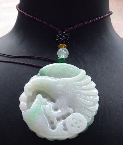 Certified Green Burma 100% Natural A Jade jadeite Pendant Eagle Fish Coin Necklace 大展宏图 630322 TN