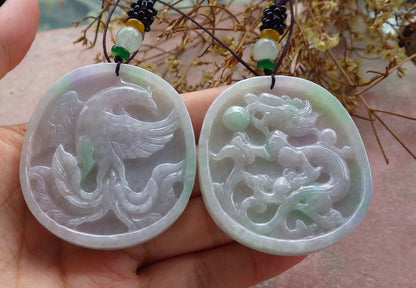 Pair Certified Green Pale Lavender Burma 100% Natural A Jade jadeite pendant Dragon Phoenix Ruyi Coin Necklace 龙凤 630330 TN