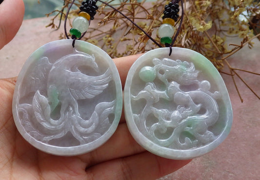 Pair Certified Green Pale Lavender Burma 100% Natural A Jade jadeite pendant Dragon Phoenix Ruyi Coin Necklace 龙凤 630330 TN