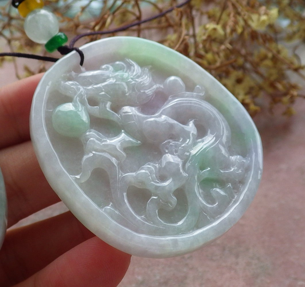 Pair Certified Green Pale Lavender Burma 100% Natural A Jade jadeite pendant Dragon Phoenix Ruyi Coin Necklace 龙凤 630330 TN