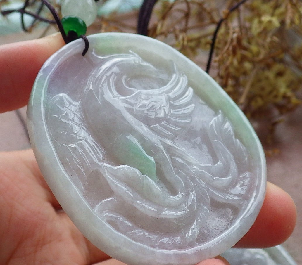 Pair Certified Green Pale Lavender Burma 100% Natural A Jade jadeite pendant Dragon Phoenix Ruyi Coin Necklace 龙凤 630330 TN