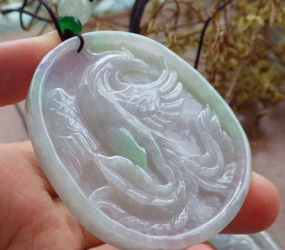 Pair Certified Green Pale Lavender Burma 100% Natural A Jade jadeite pendant Dragon Phoenix Ruyi Coin Necklace 龙凤 630330 TN
