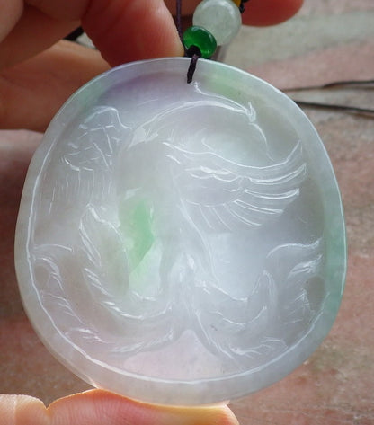 Pair Certified Green Pale Lavender Burma 100% Natural A Jade jadeite pendant Dragon Phoenix Ruyi Coin Necklace 龙凤 630330 TN