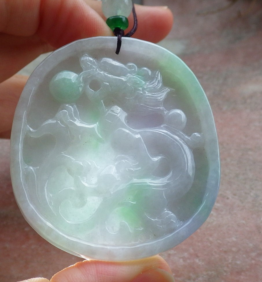 Pair Certified Green Pale Lavender Burma 100% Natural A Jade jadeite pendant Dragon Phoenix Ruyi Coin Necklace 龙凤 630330 TN