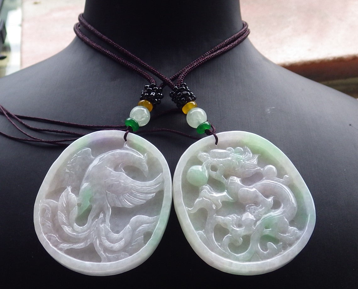 Pair Certified Green Pale Lavender Burma 100% Natural A Jade jadeite pendant Dragon Phoenix Ruyi Coin Necklace 龙凤 630330 TN