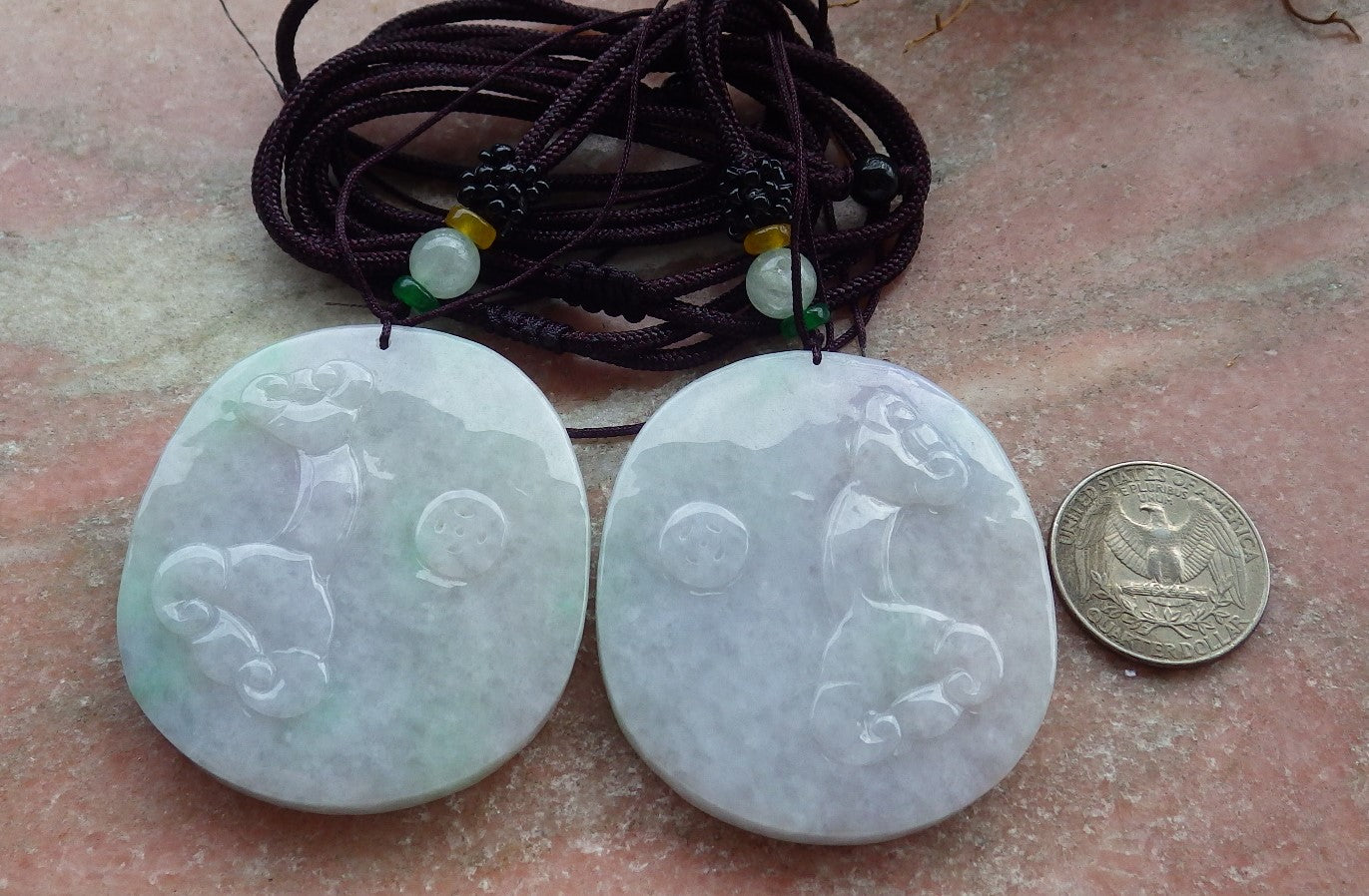 Pair Certified Green Pale Lavender Burma 100% Natural A Jade jadeite pendant Dragon Phoenix Ruyi Coin Necklace 龙凤 630330 TN