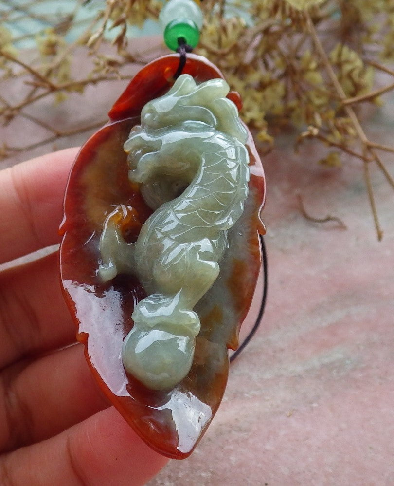 Certified Red Burma 100% Natural A Jade jadeite Pendant Dragon Leaf Necklace 生意兴隆 630339 TN