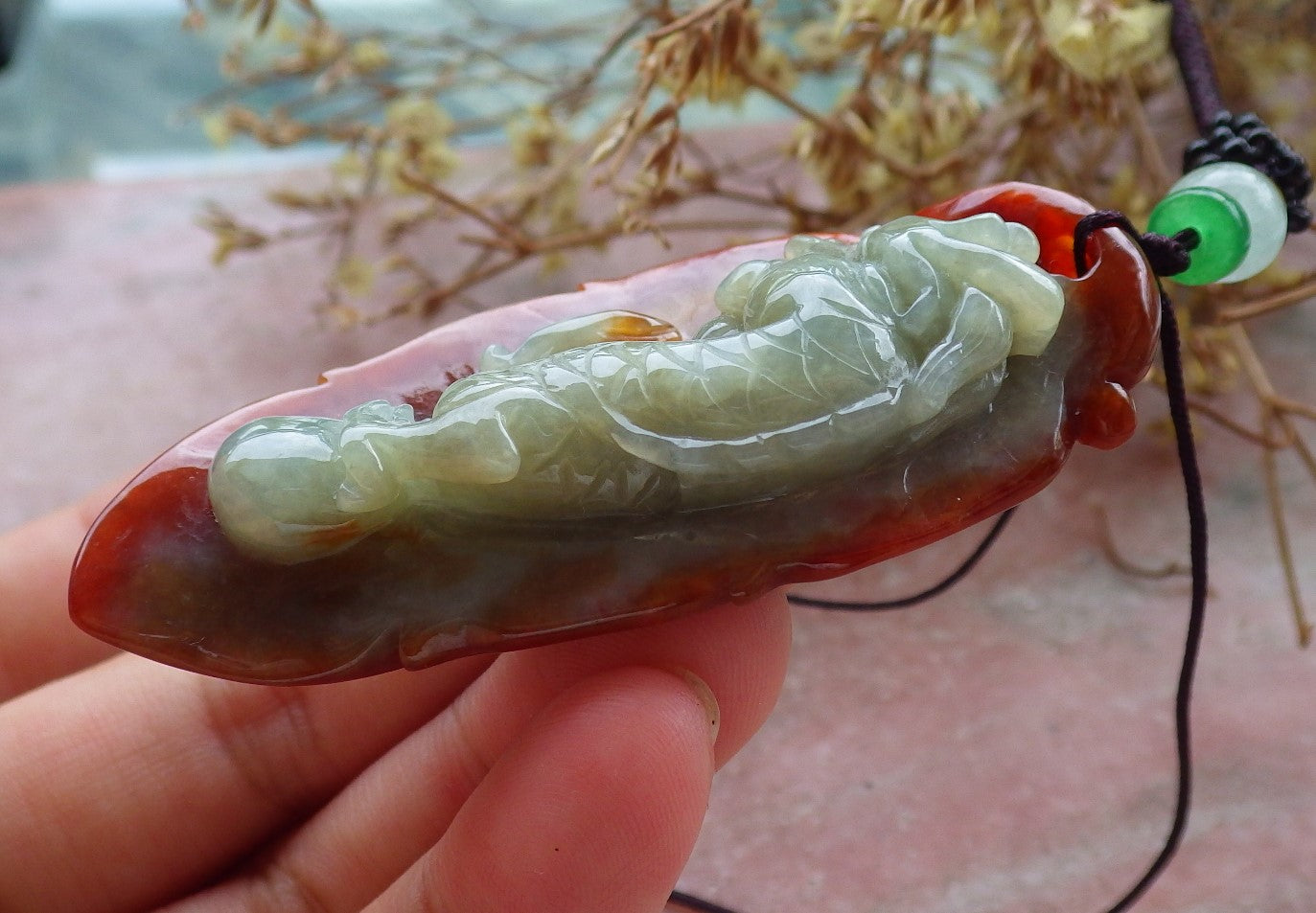 Certified Red Burma 100% Natural A Jade jadeite Pendant Dragon Leaf Necklace 生意兴隆 630339 TN