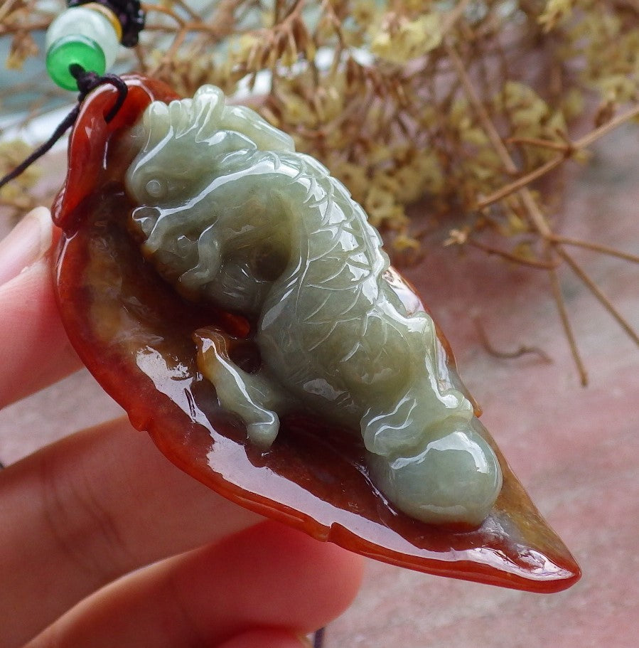 Certified Red Burma 100% Natural A Jade jadeite Pendant Dragon Leaf Necklace 生意兴隆 630339 TN