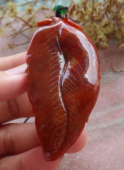 Certified Red Burma 100% Natural A Jade jadeite Pendant Dragon Leaf Necklace 生意兴隆 630339 TN