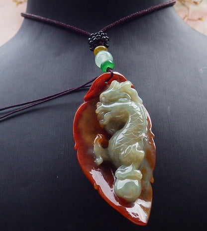 Certified Red Burma 100% Natural A Jade jadeite Pendant Dragon Leaf Necklace 生意兴隆 630339 TN