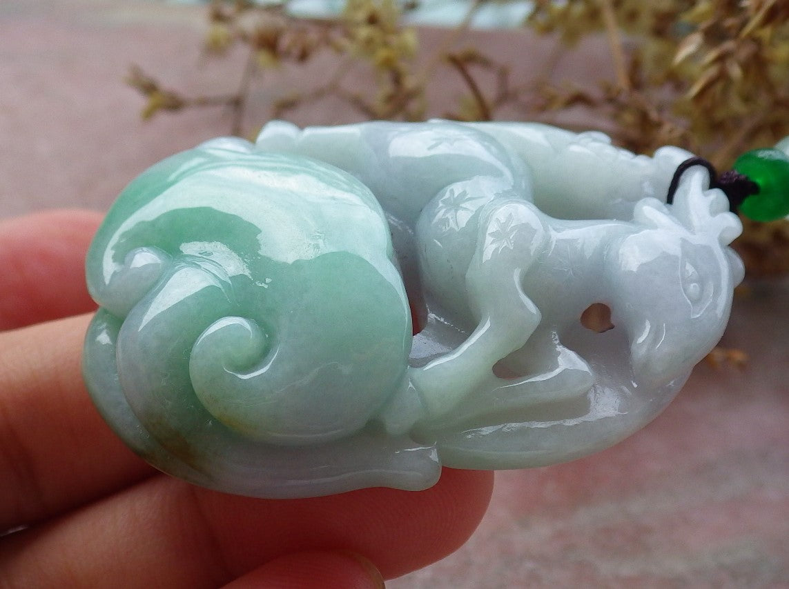Certified Green Burma 100% Natural A Jade jadeite Pendant Deer Bat Ruyi Coin Necklace 梅花鹿 630372 TN