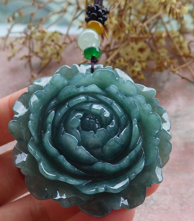 Certified Icy Green Burma 100% Natural A Jade jadeite pendant Rose Flower Necklace 花开富贵 630412 TN
