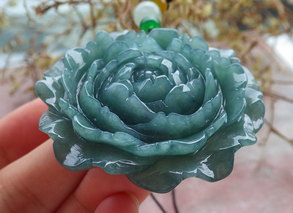 Certified Icy Green Burma 100% Natural A Jade jadeite pendant Rose Flower Necklace 花开富贵 630412 TN