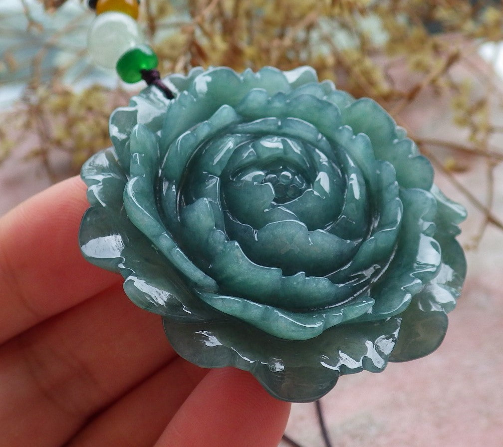 Certified Icy Green Burma 100% Natural A Jade jadeite pendant Rose Flower Necklace 花开富贵 630412 TN