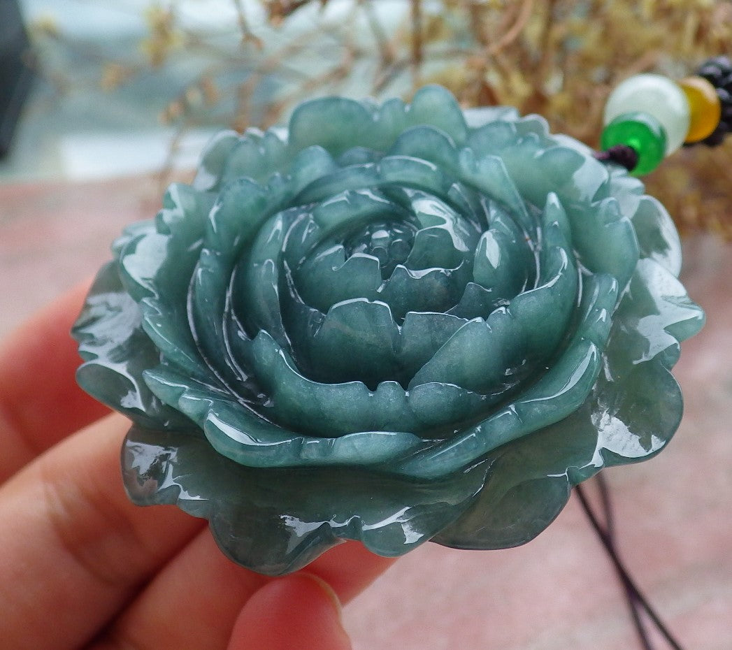 Certified Icy Green Burma 100% Natural A Jade jadeite pendant Rose Flower Necklace 花开富贵 630412 TN