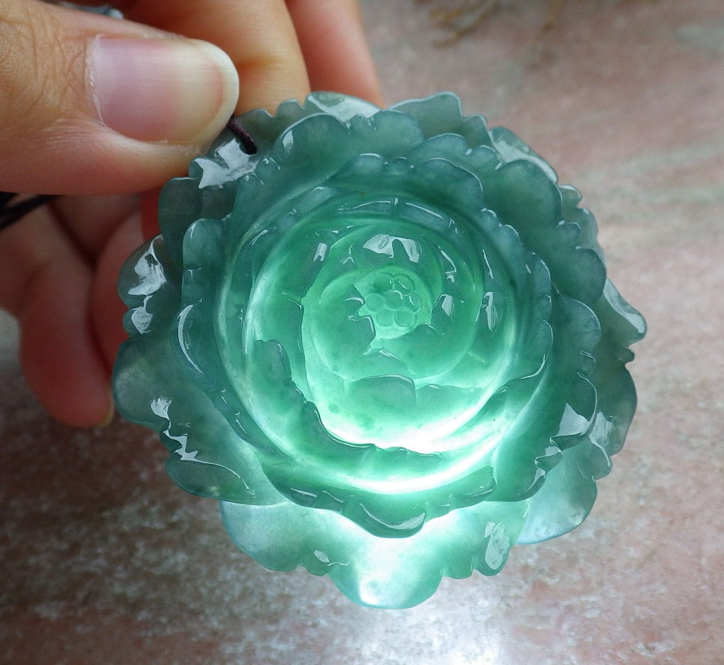 Certified Icy Green Burma 100% Natural A Jade jadeite pendant Rose Flower Necklace 花开富贵 630412 TN