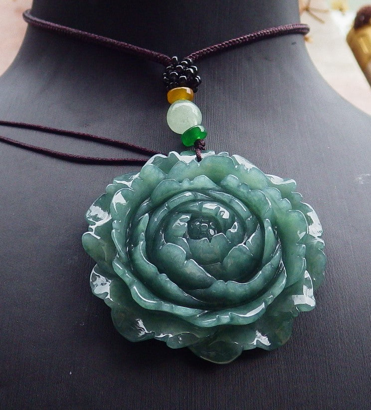 Certified Icy Green Burma 100% Natural A Jade jadeite pendant Rose Flower Necklace 花开富贵 630412 TN