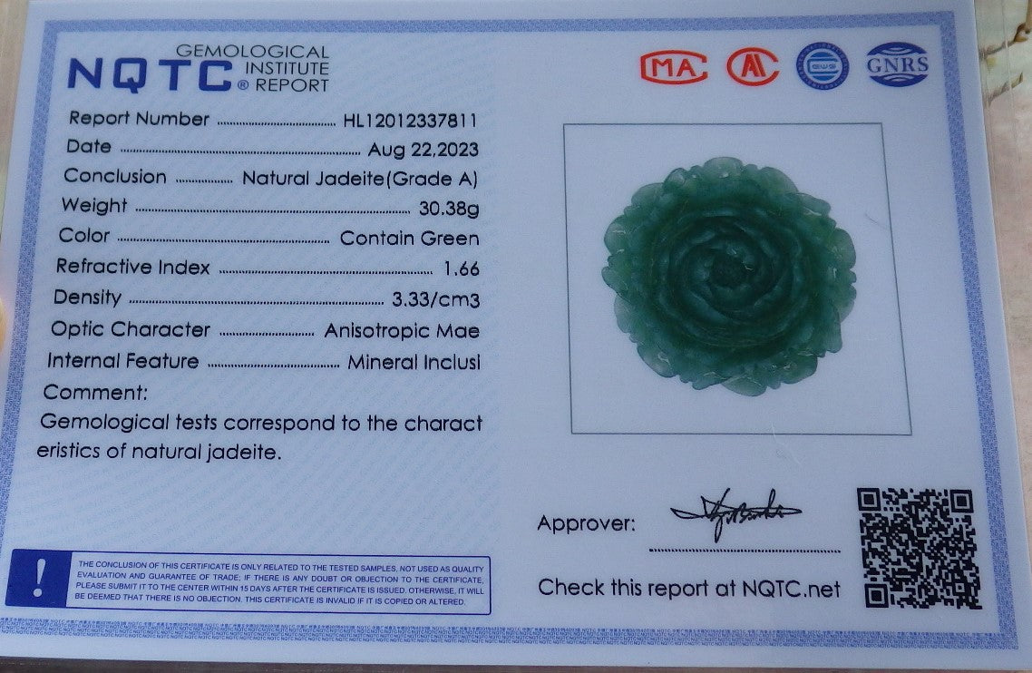 Certified Icy Green Burma 100% Natural A Jade jadeite pendant Rose Flower Necklace 花开富贵 630412 TN
