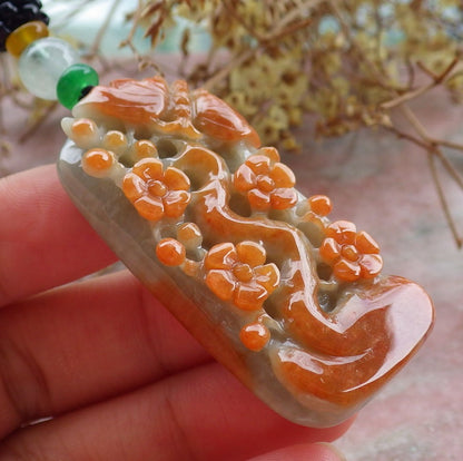 Certified Red Burma 100% Natural A Jade jadeite Pendant Butterfly Flower Necklace 蝴蝶 花开富贵 630436 TN
