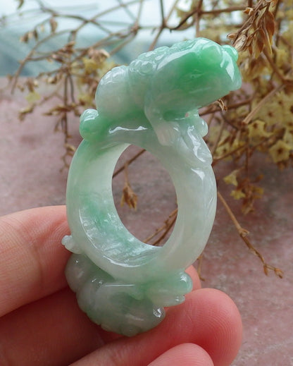 Certified Green Burma 100% Natural A JADE Jadeite Frog Toad Money Coin RING USA. 8.5 戒指 630445 TN
