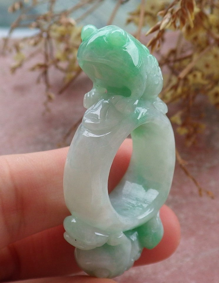 Certified Green Burma 100% Natural A JADE Jadeite Frog Toad Money Coin RING USA. 8.5 戒指 630445 TN
