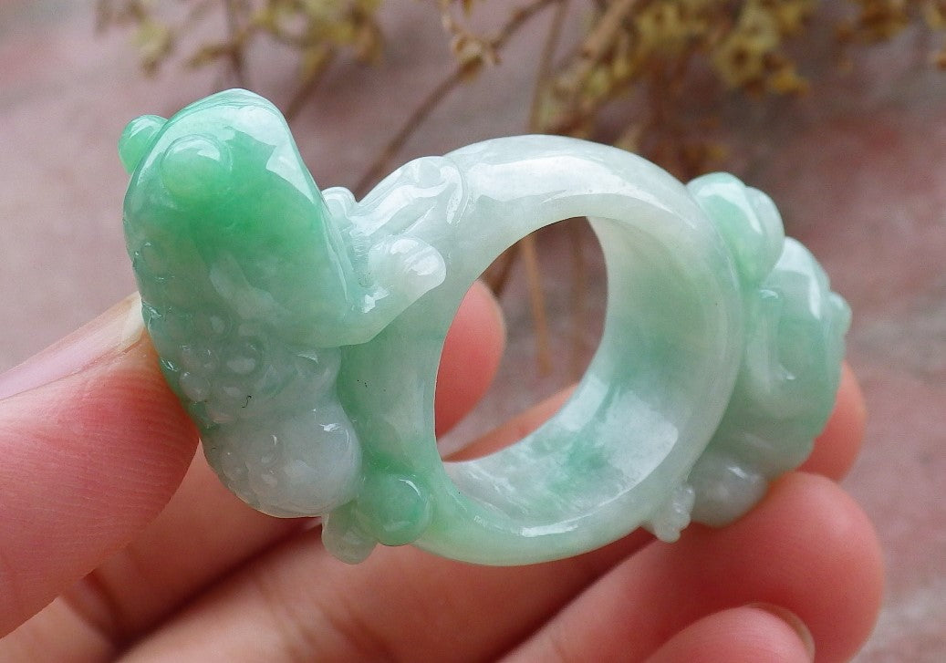 Certified Green Burma 100% Natural A JADE Jadeite Frog Toad Money Coin RING USA. 8.5 戒指 630445 TN