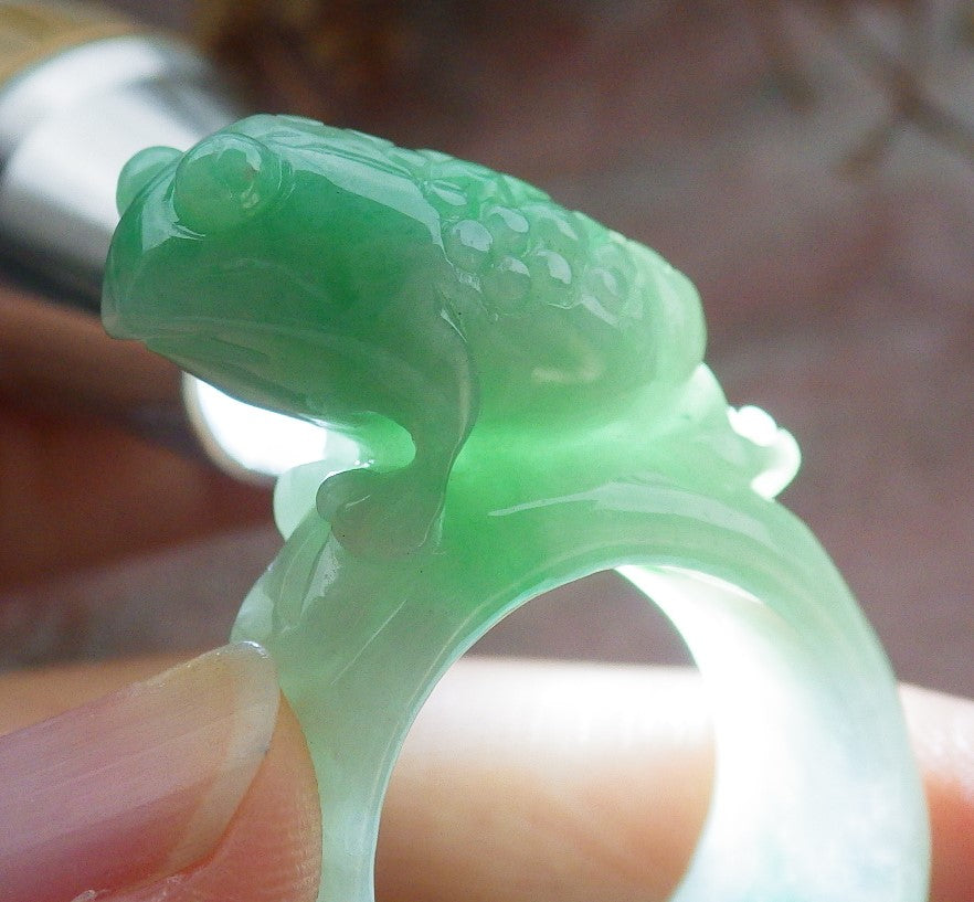 Certified Green Burma 100% Natural A JADE Jadeite Frog Toad Money Coin RING USA. 8.5 戒指 630445 TN