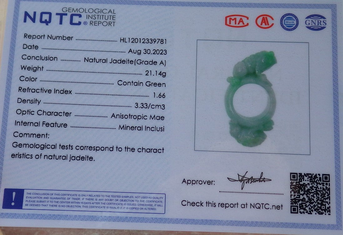Certified Green Burma 100% Natural A JADE Jadeite Frog Toad Money Coin RING USA. 8.5 戒指 630445 TN