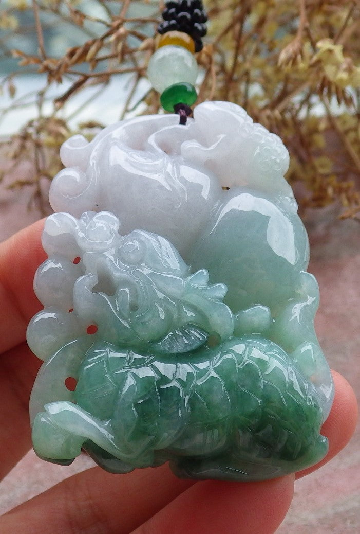 Certified Green Burma 100% Natural A Jade jadeite Pendant Dragon Kai Lun Frog Toad Gourd Necklace 630456 TN