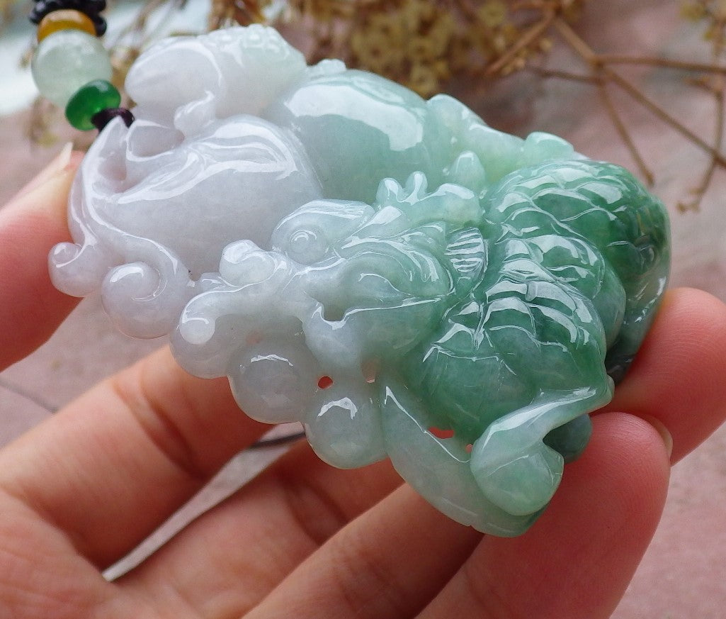 Certified Green Burma 100% Natural A Jade jadeite Pendant Dragon Kai Lun Frog Toad Gourd Necklace 630456 TN
